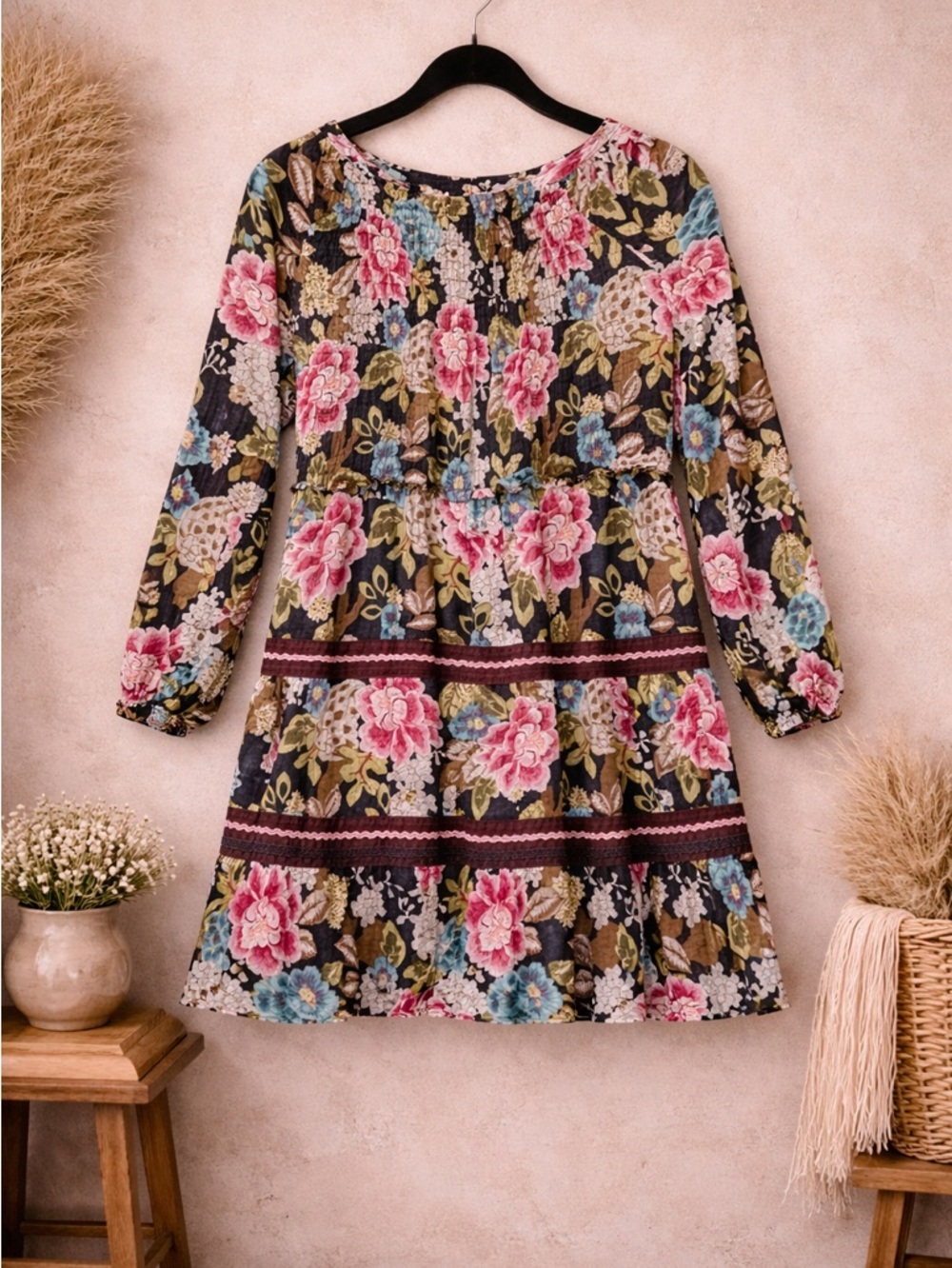 ENTRO Boho Floral Mini Dress – Smocked Bodice – 100% Cotton by Entro size large